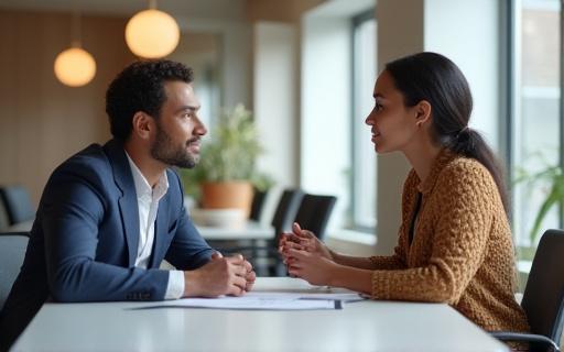 Two people having a constructive conversation at a table, representing employee relations.
